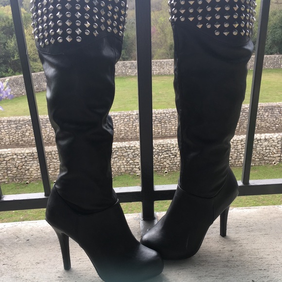 BCBGeneration Black Leather Studded Stiletto Boots - Picture 2 of 8